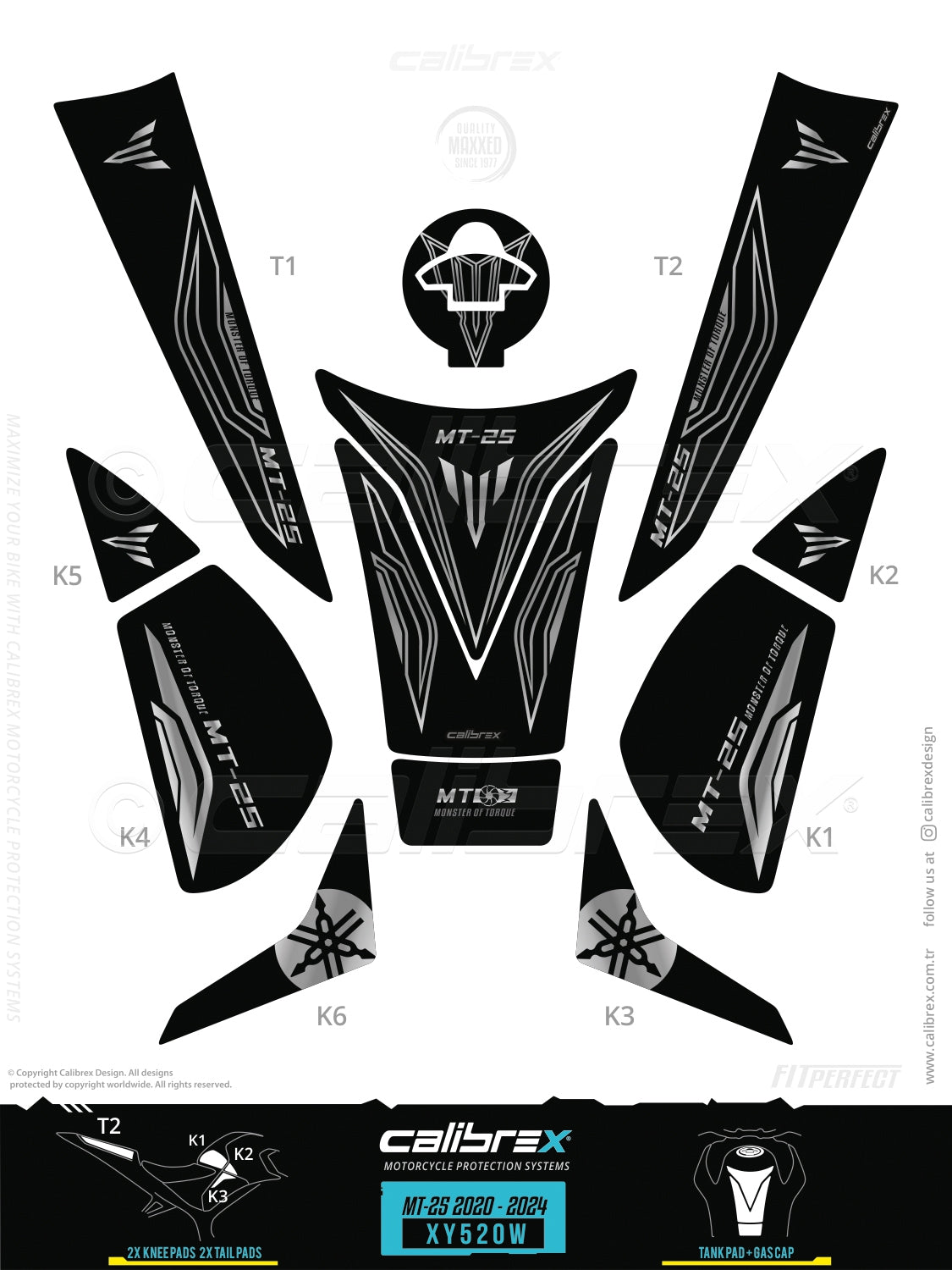 Yamaha MT-25 2020-2024 Tank Pad & Knee Pads & Tail Pads Midnight Black Calibrex XY520W