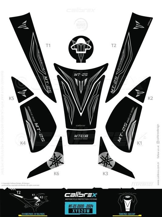 Yamaha MT-25 2020-2024 Tank Pad & Knee Pads & Tail Pads Midnight Black Calibrex XY520W