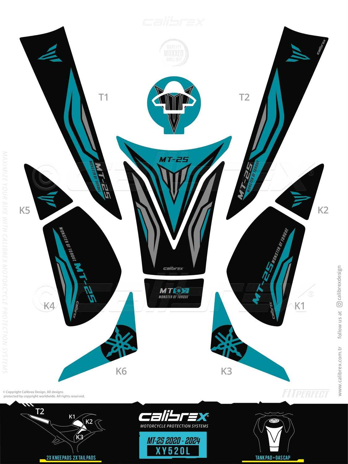 Yamaha MT-25 2020-2024 Tank Pad & Knee Pads & Tail Pads Midnight Cyan Calibrex XY520L