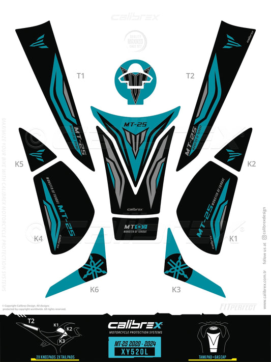 Yamaha MT-25 2020-2024 Tank Pad & Knee Pads & Tail Pads Midnight Cyan Calibrex XY520L