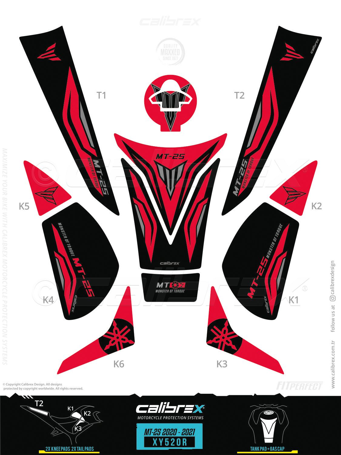 Yamaha MT-25 2020-2024 Tank Pad & Knee Pads & Tail Pads Red Calibrex XY520R
