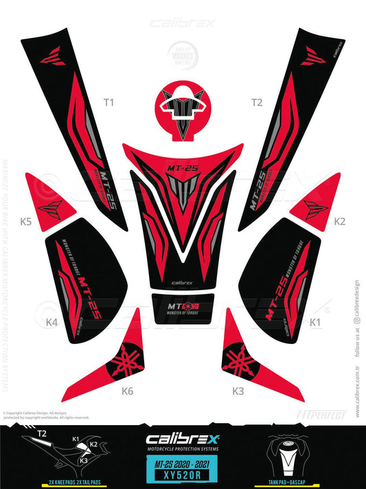 Yamaha MT-25 2020-2024 Tank Pad & Knee Pads & Tail Pads Red Calibrex XY520R