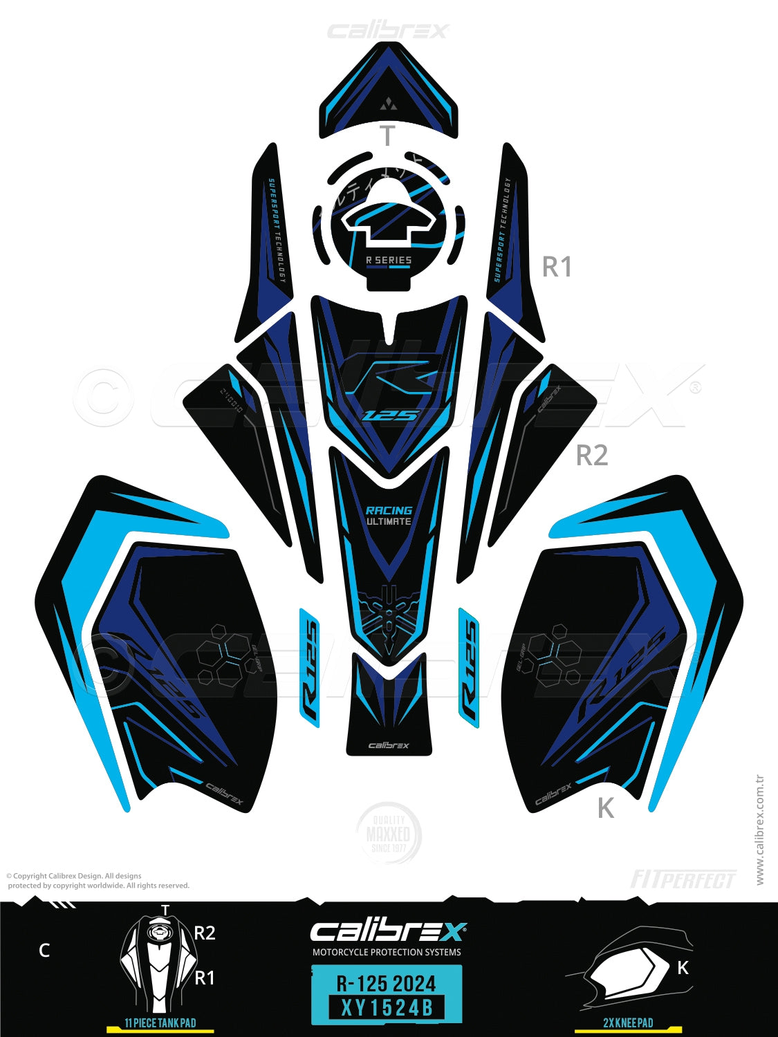 Yamaha R125 2024-2026 Tank Pad & Knee Pads Midnight Cyan Calibrex XY1524B