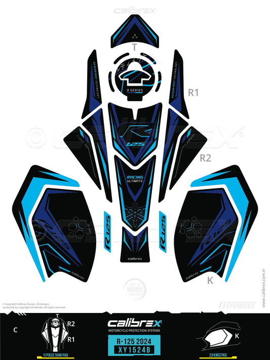 Yamaha R125 2024-2026 Tank Pad & Knee Pads Midnight Cyan Calibrex XY1524B