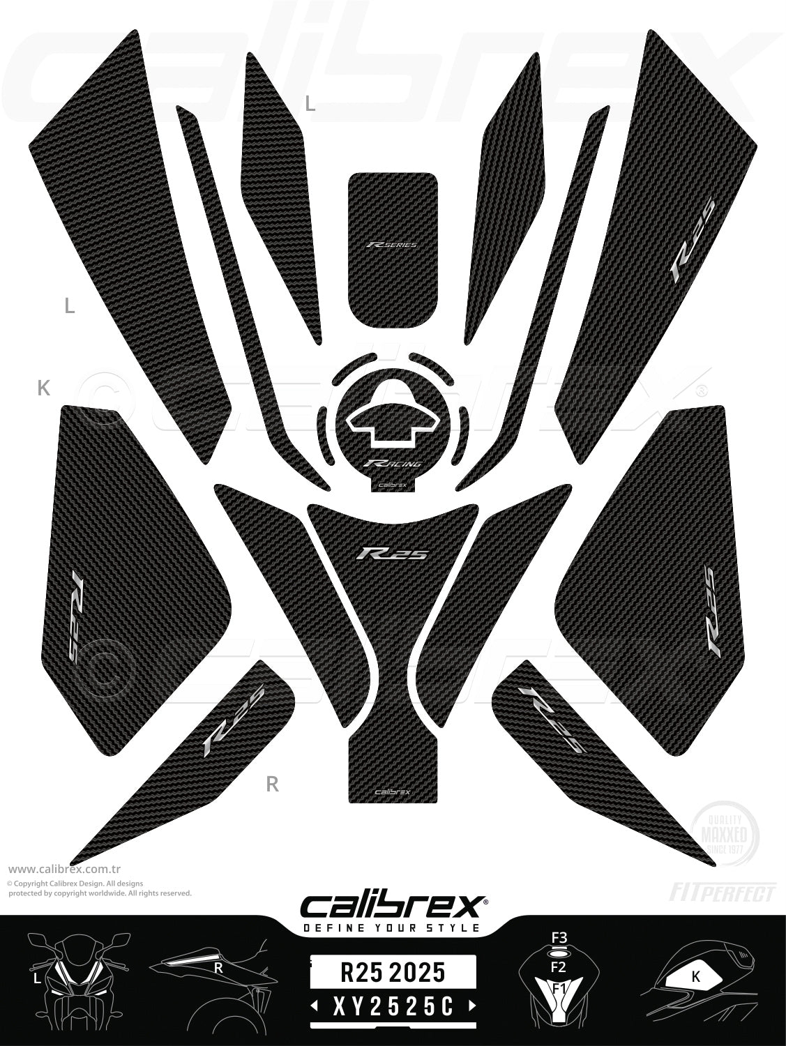 Yamaha R25 2025-2026 Tank Pad & Knee Pads & Front Pads & Tail Pads Carbon Calibrex XY2525C
