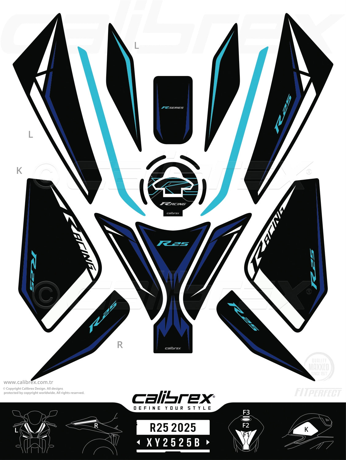 Yamaha R25 2025-2026 Tank Pad & Knee Pads & Front Pads & Tail Pads Icon Blue Calibrex XY2525B