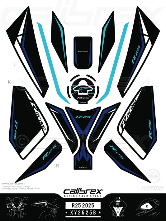 Yamaha R25 2025-2026 Tank Pad & Knee Pads & Front Pads & Tail Pads Icon Blue Calibrex XY2525B