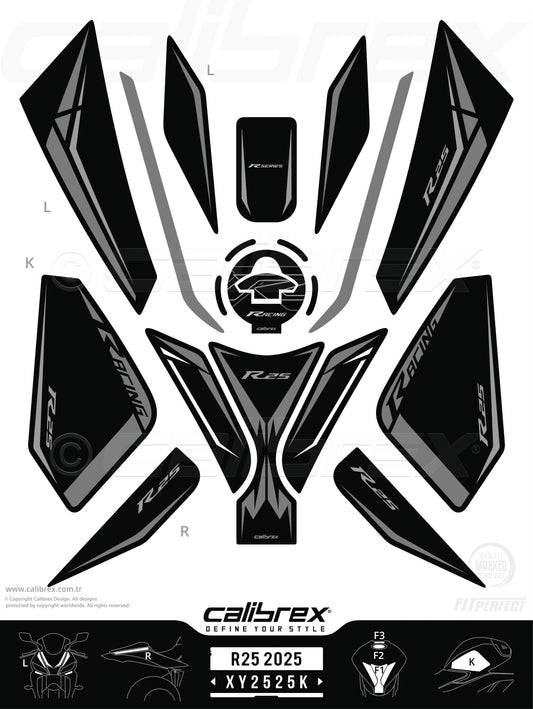 Yamaha R25 2025-2026 Tank Pad & Knee Pads & Front Pads & Tail Pads Midnight Black Calibrex XY2525K