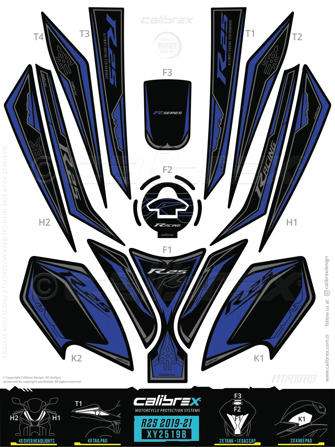 Yamaha R25 2019-2024 Tank Pad & Knee Pads & Front Pads & Tail Pads Blue Calibrex XY2519B