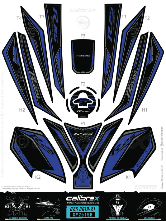 Yamaha R25 2019-2024 Tank Pad & Knee Pads & Front Pads & Tail Pads Blue Calibrex XY2519B