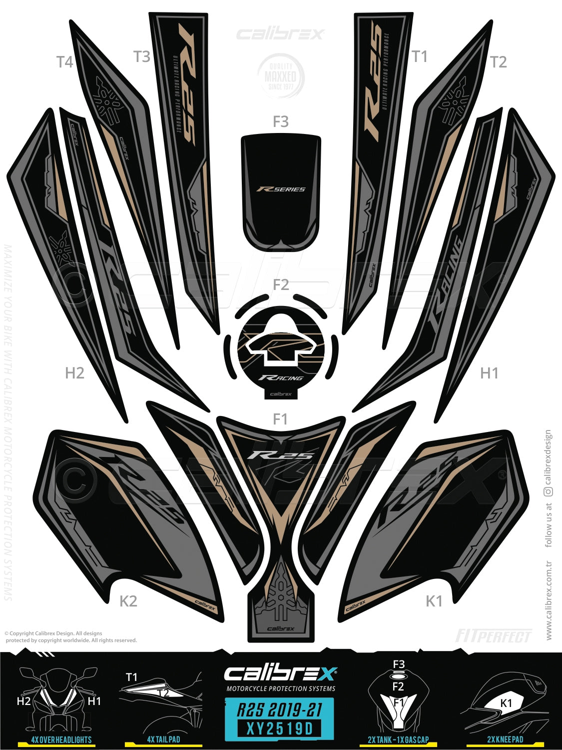 Yamaha R25 2019-2024 Tank Pad & Knee Pads & Front Pads & Tail Pads Gold Calibrex XY2519D