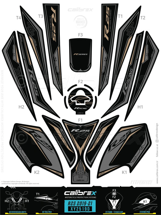 Yamaha R25 2019-2024 Tank Pad & Knee Pads & Front Pads & Tail Pads Gold Calibrex XY2519D