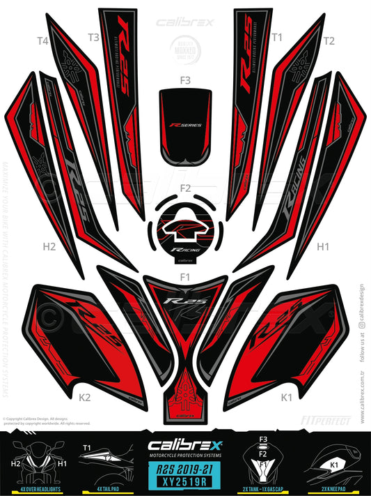 Yamaha R25 2019-2024 Tank Pad & Knee Pads & Front Pads & Tail Pads Red Calibrex XY2519R