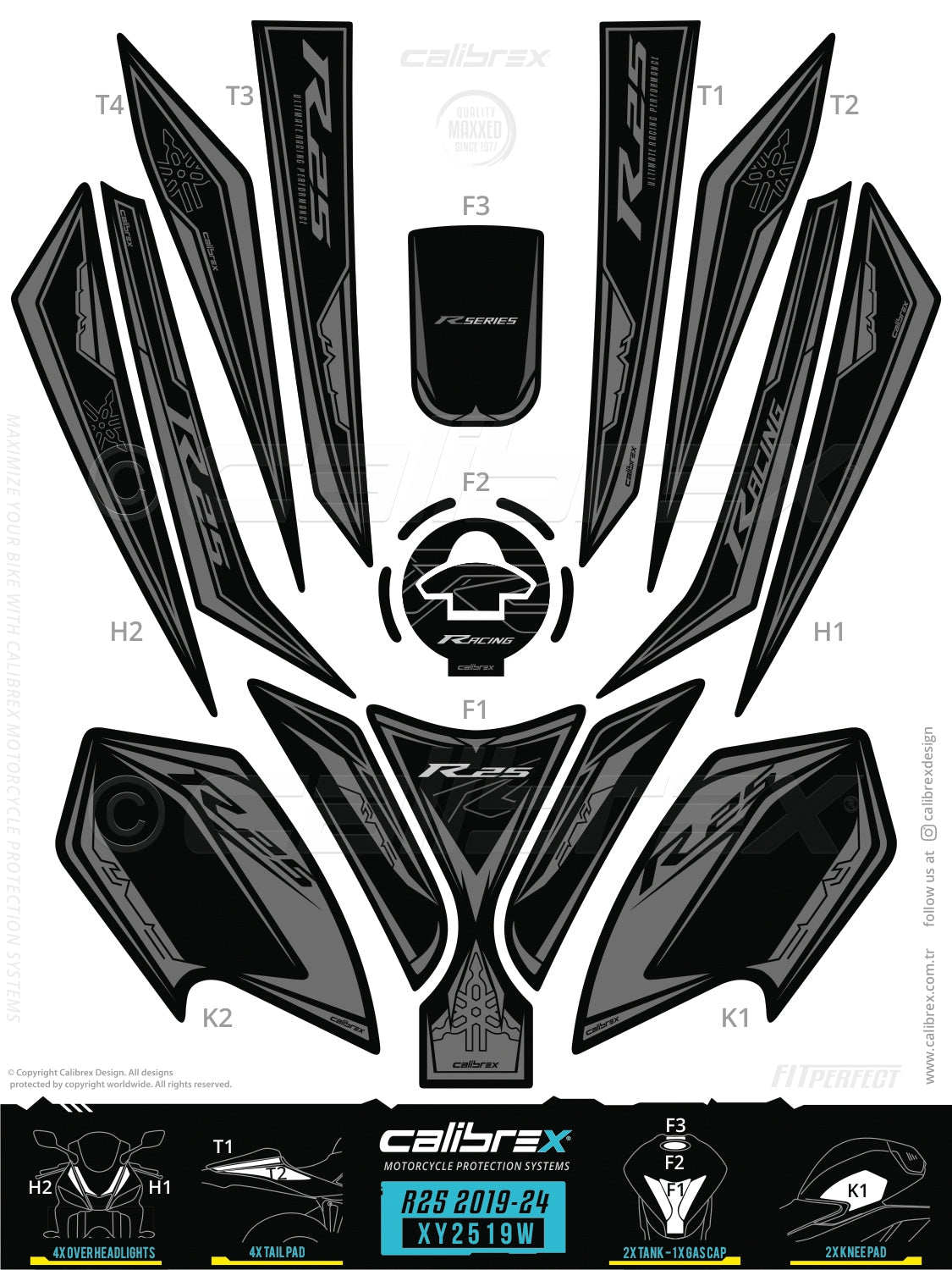 Yamaha R25 2019-2024 Tank Pad & Knee Pads & Front Pads & Tail Pads Gray Calibrex XY2519W