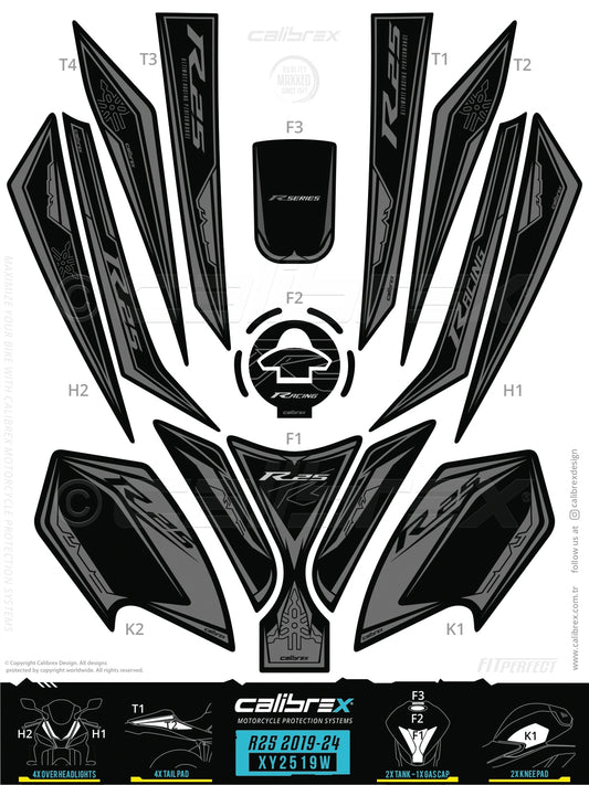 Yamaha R25 2019-2024 Tank Pad & Knee Pads & Front Pads & Tail Pads Gray Calibrex XY2519W