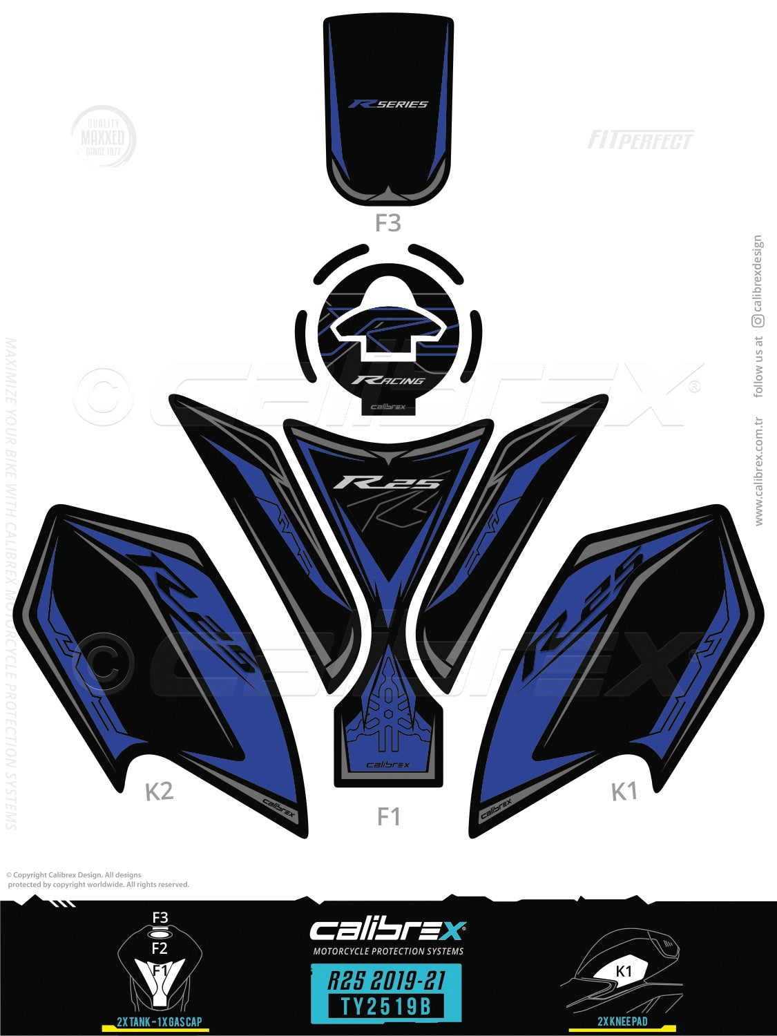 Yamaha R25 2019-2024 Tank Pad & Knee Pads Blue Calibrex TY2519B
