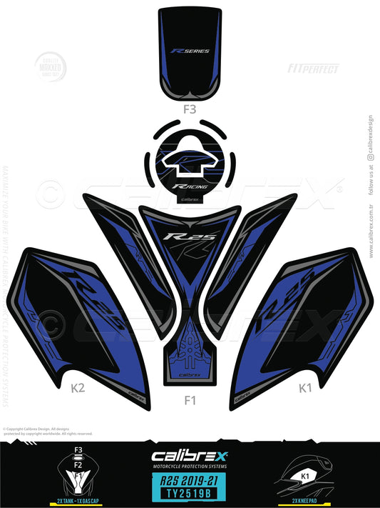 Yamaha R25 2019-2024 Tank Pad & Knee Pads Blue Calibrex TY2519B