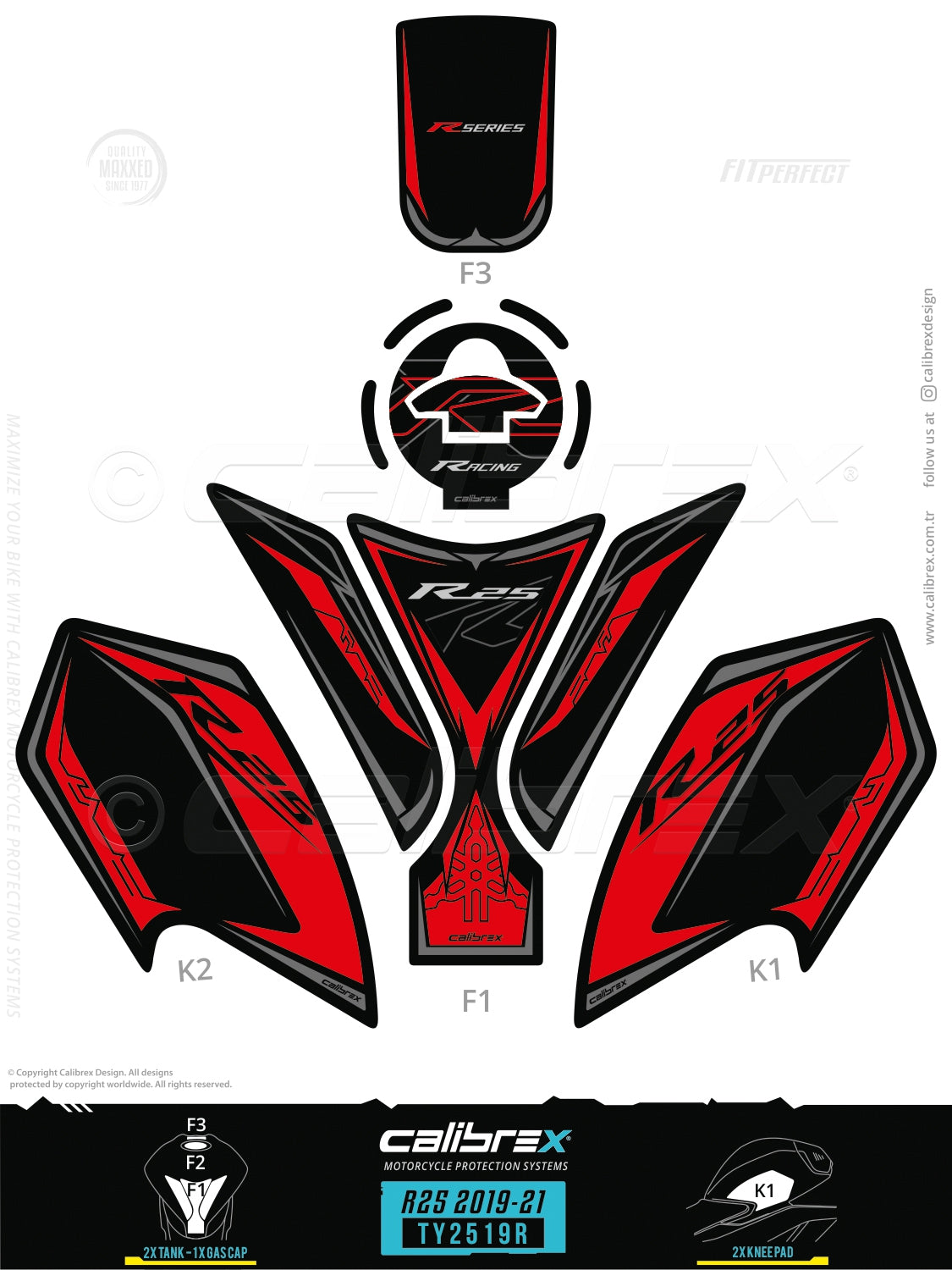 Yamaha R25 2019-2024 Tank Pad & Knee Pads Blue Calibrex TY2519R